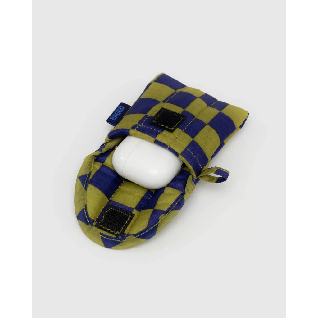 Baggu - Puffy earbuds case - Pear Navy Check | wineandwaterways